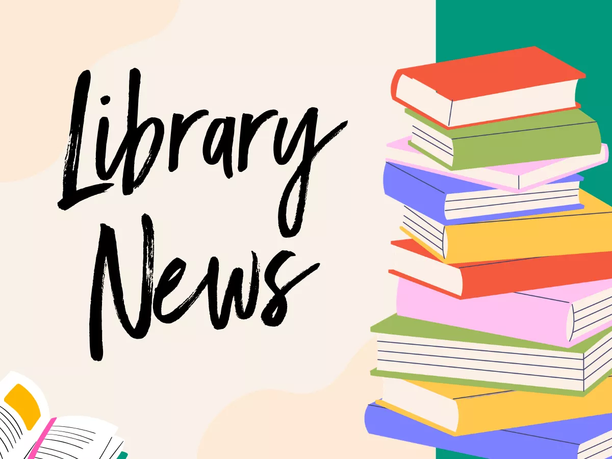 A stack of books next to the words "Library News"
